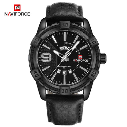 NAVIFORCE Montre Homme Tendance Or Luxe Sport Étanche Militaire Montre-bracelet Affaires Décontracté Bracelet en Cuir Date Horloge 9117