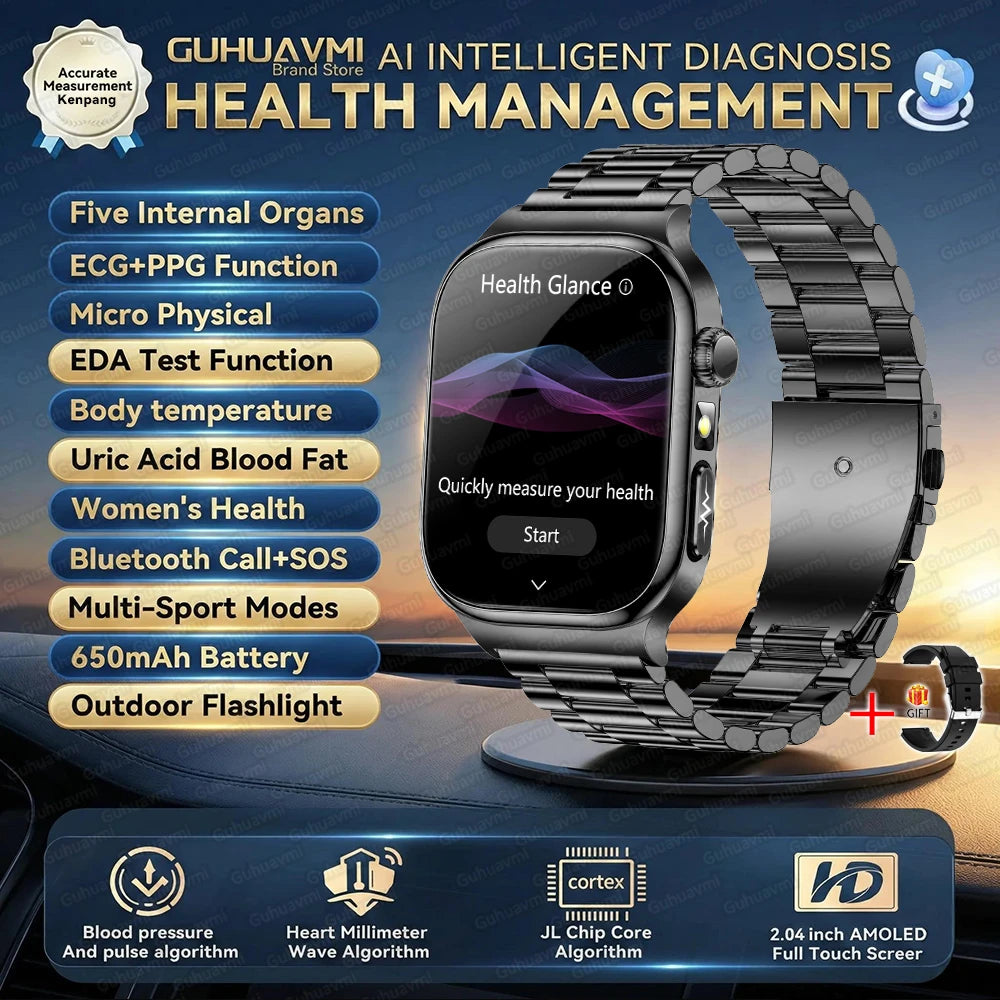 2026 Nouvelle Montre Connectée de Diagnostic Précis Graisse Corporelle ECG Oxygène Sanguin TA Santé Sport Écran AMOLED HD Appel Montres Intelligentes homme femme
