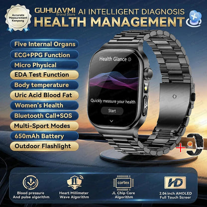 2026 Nouvelle Montre Connectée de Diagnostic Précis Graisse Corporelle ECG Oxygène Sanguin TA Santé Sport Écran AMOLED HD Appel Montres Intelligentes homme femme