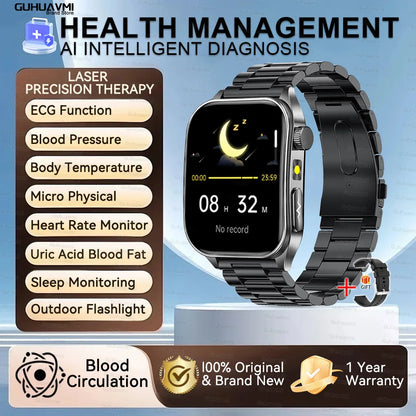 Montre Intelligente de Santé 2026 Thérapie Laser Réduction des Trois Hyper (Tension, Glycémie, Lipides) Oxygène Sanguin Pression Acide Urique ECG Montre Connectée pour Homme