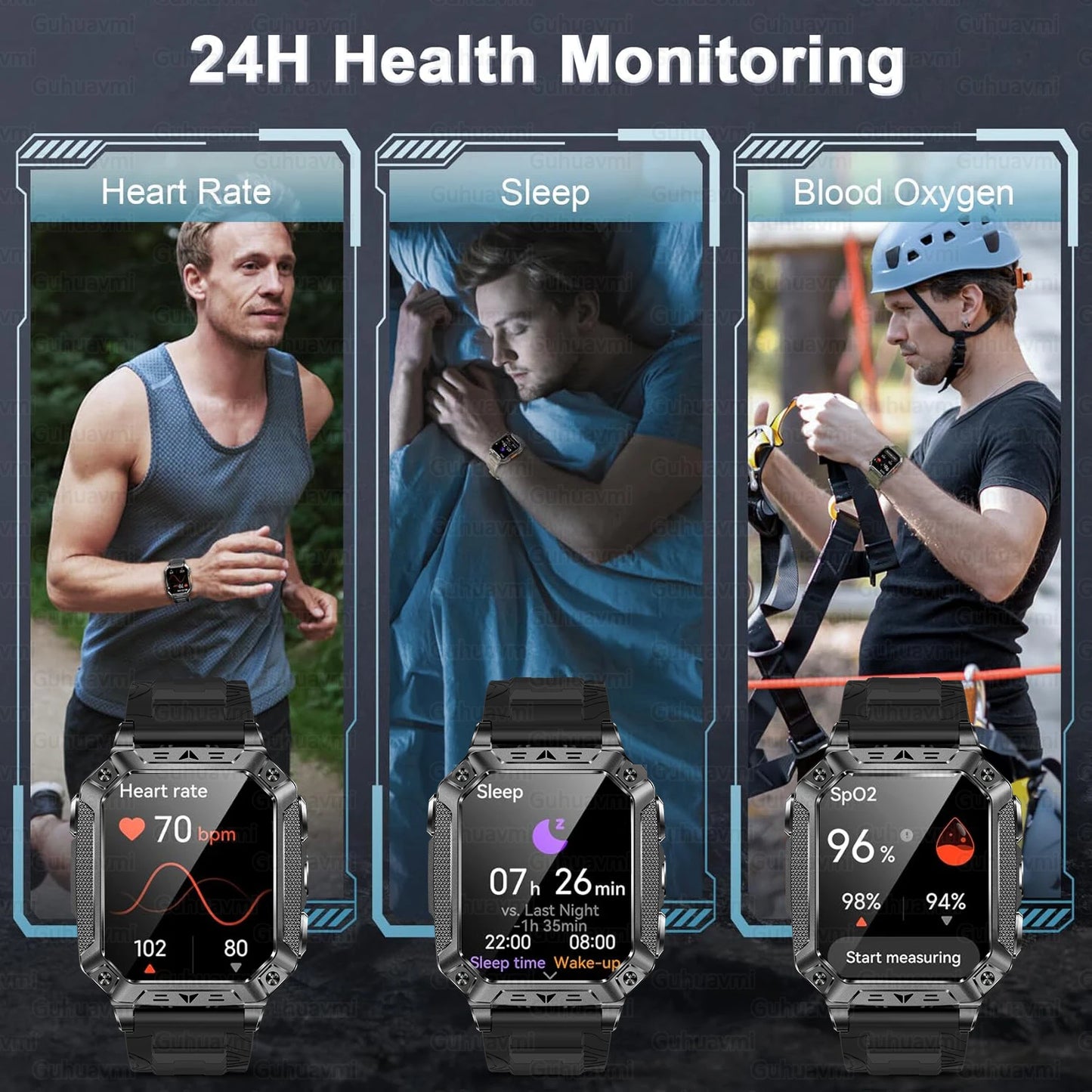 Montre Intelligente Militaire Homme 1500mAh Longue Autonomie Sport Extérieur Montre Connectée Homme Étanche 10ATM Fréquence Cardiaque Appel BT Grande Batterie