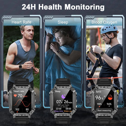 Montre Intelligente Militaire Homme 1500mAh Longue Autonomie Sport Extérieur Montre Connectée Homme Étanche 10ATM Fréquence Cardiaque Appel BT Grande Batterie