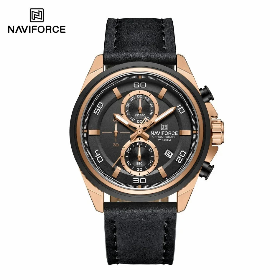 Montres NAVIFORCE pour hommes, bracelet en cuir véritable, chronographe à quartz, affichage de la date, montre-bracelet de sport étanche, cadeau masculin