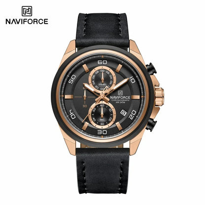 Montres NAVIFORCE pour hommes, bracelet en cuir véritable, chronographe à quartz, affichage de la date, montre-bracelet de sport étanche, cadeau masculin