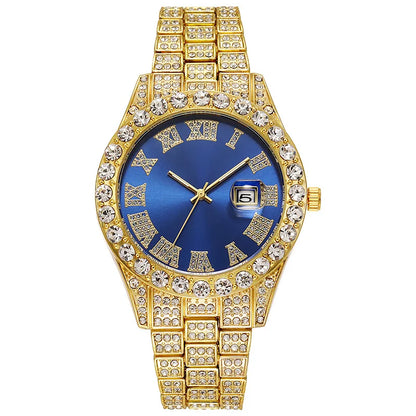 Classic Golden Steel Strap Roman Scale Calendar Watch Relogio Masculino