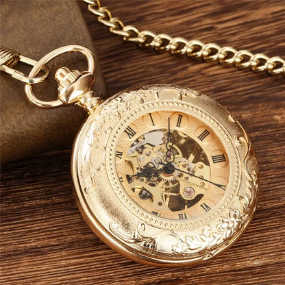 Luxury Golden Double Hunter Handwinding Mechanical Pocket Watch Roman Number Dial with Pendant Chain Retro Timepiece Gift