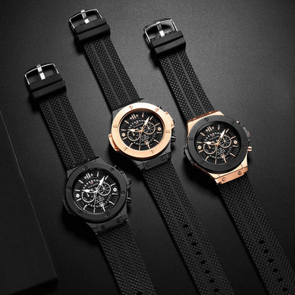 Montre Sport Homme en Silicone Noir, Grand Cadran Creux de 46 mm, Style Militaire Tendance Or Rose, Mouvement à Quartz Original