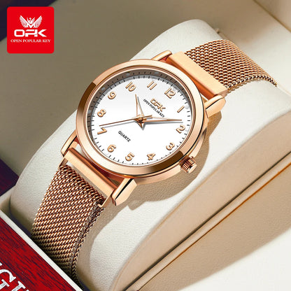 OPK 8115 Women's Watches Simple Fashion Oirginal Wristwatch for Female Stainless Steel Mesh Strap Waterproof Luminous Reloj
