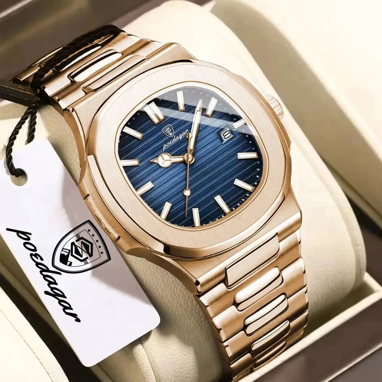 POEDAGAR Montre Homme Carrée Tendance Acier Inoxydable Étanche Lumineuse Date Exquise Montre-Bracelet Masculine Montres à Quartz Pour Hommes