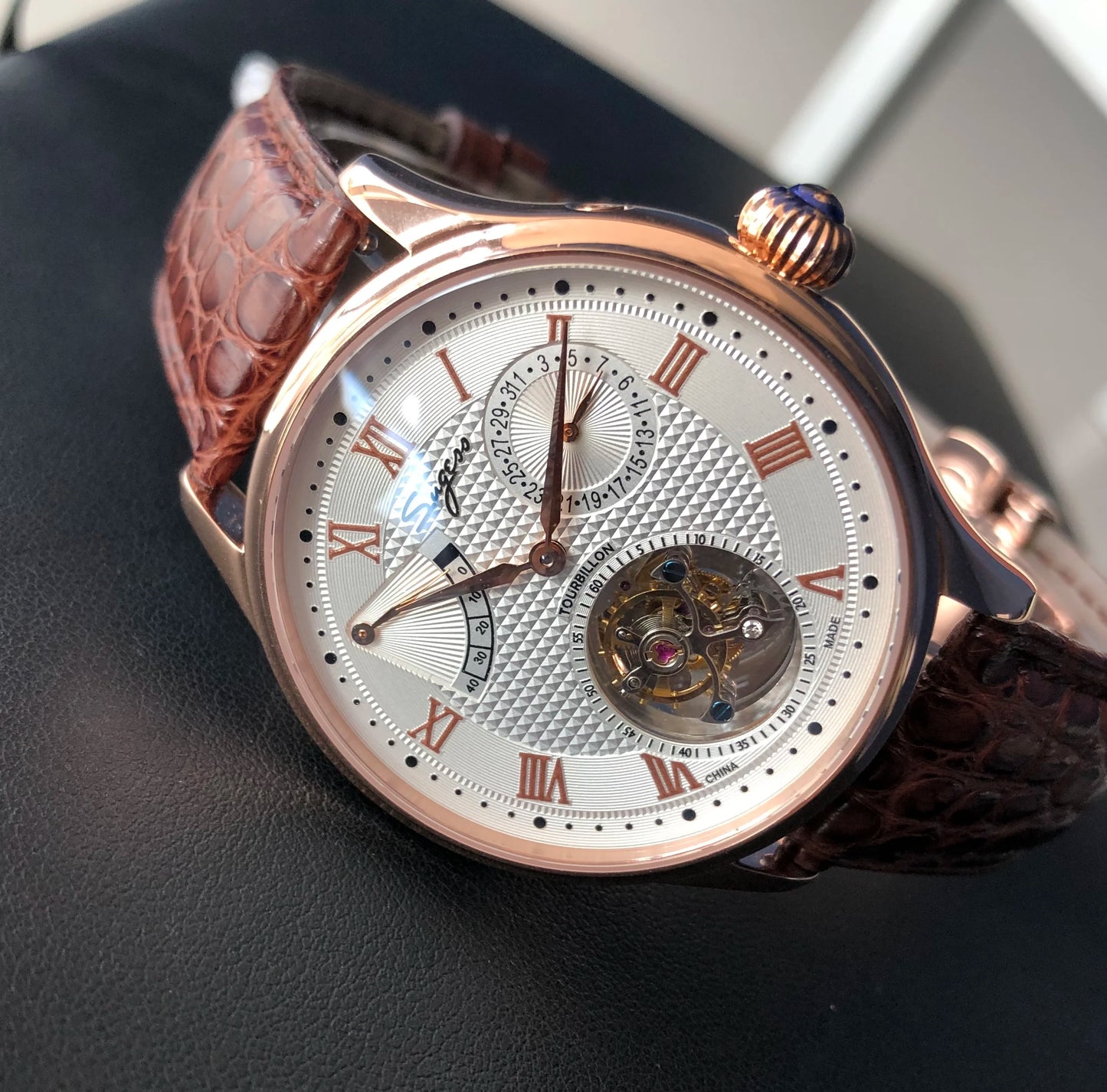 Sugess Real Tourbillon Watch Genuine Original ST8001 Movement Mens Calendar Skeleton Gold Diamond Watches Hand Winding/Auto