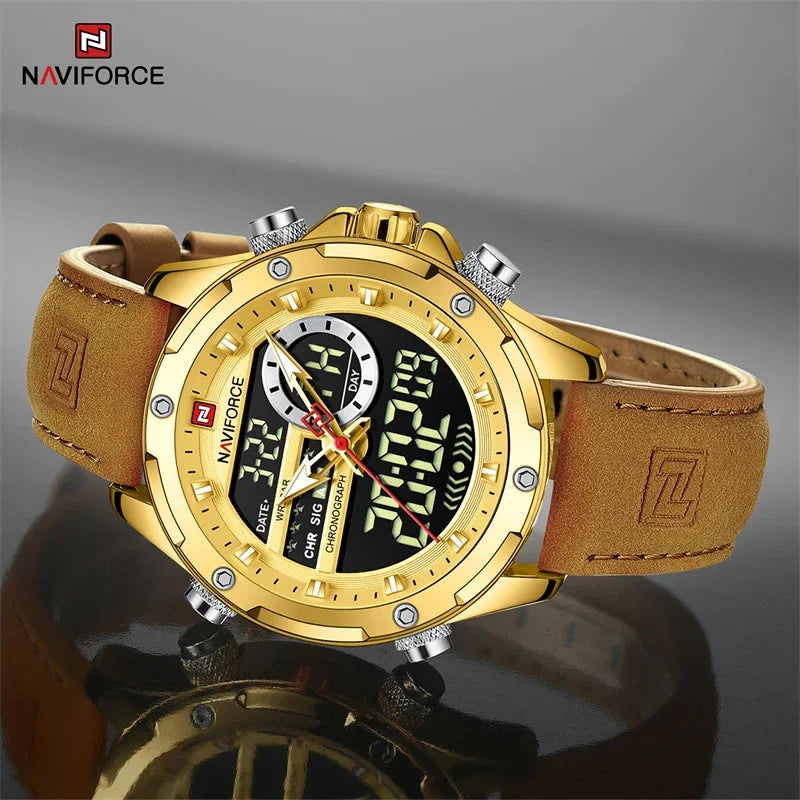 NAVIFORCE Montre-bracelet de luxe originale pour hommes, double fuseau horaire, sport, décontractée, chronographe, alarme, quartz, bracelet en cuir, étanche