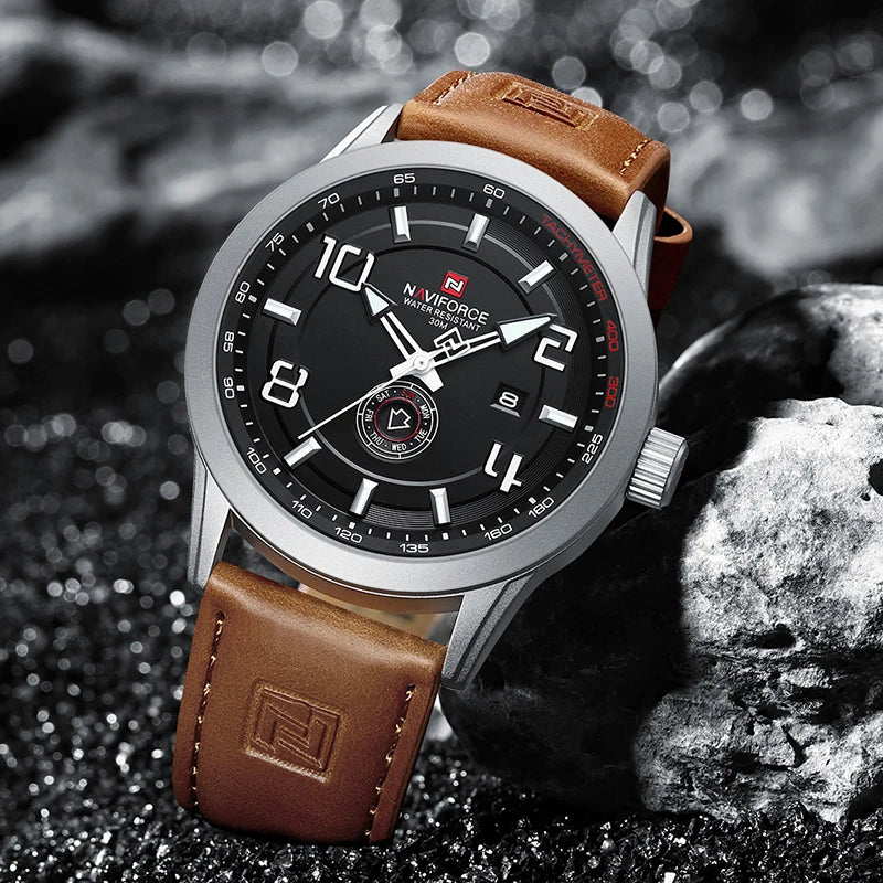 Montre-bracelet décontractée tendance NAVIFORCE pour homme, montre militaire de sport étanche avec bracelet en cuir, mouvement à quartz, calendrier