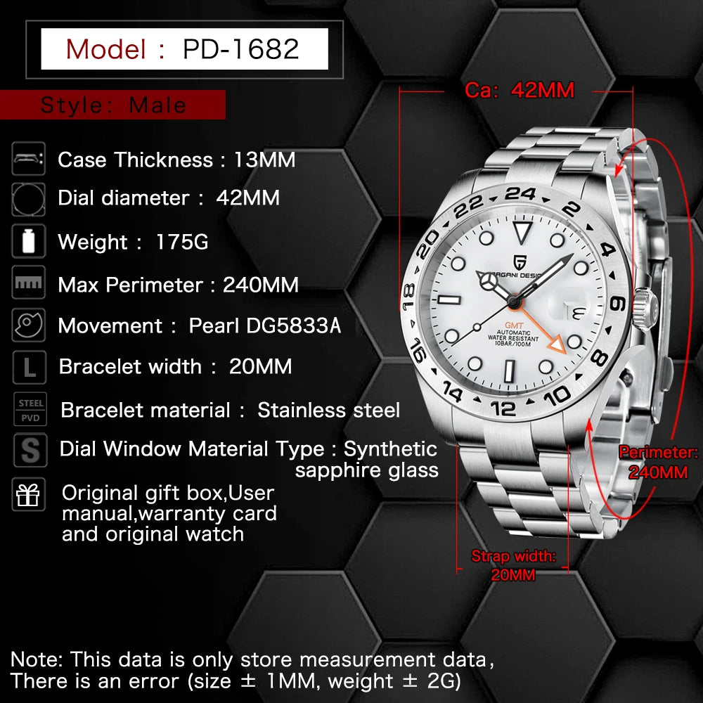 Pagani Design 2026 Nouvelle montre de plongée pour homme 42 mm saphir automatique mécanique GMT 100 m étanche PD1682