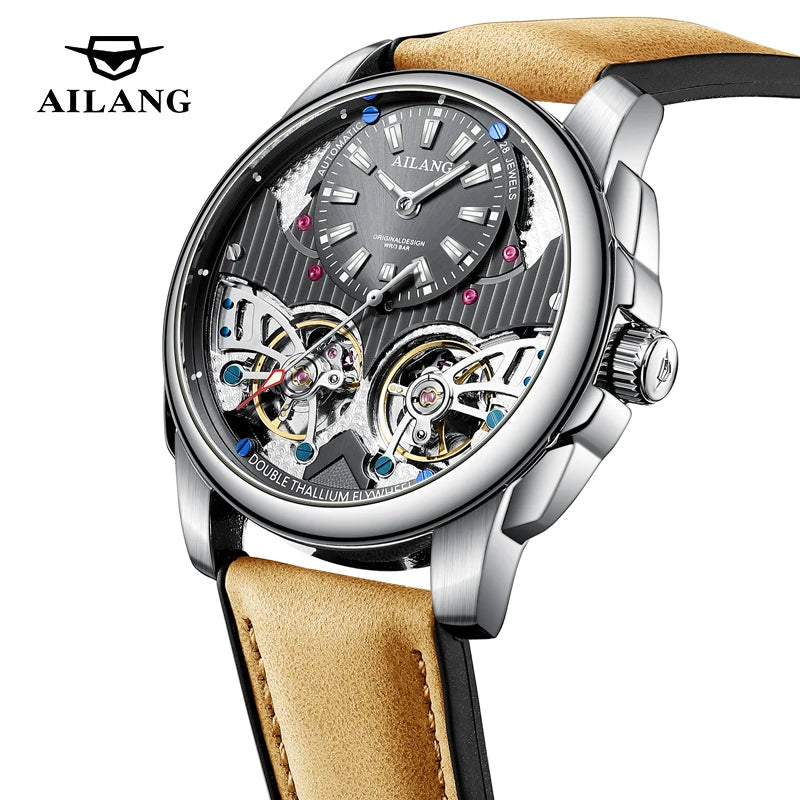AILANG Business Mechanical Watches Men Top Brand Luxury Leather Waterproof Double Tourbillon Watch For Men Automatic Wristwatch