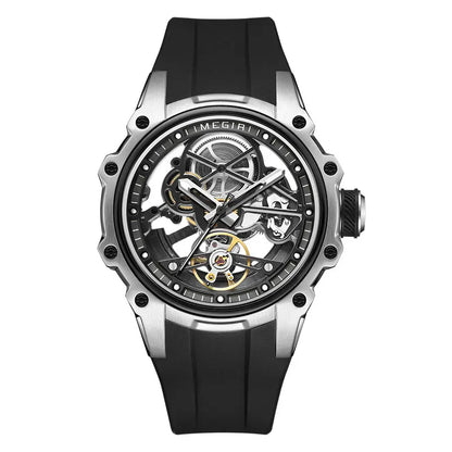 MEGIR Sports Automatic Mechanical Watch for Men Fashion Stainless Steel Cased Wristwatch with White Silicone Strap Skeleton Dial