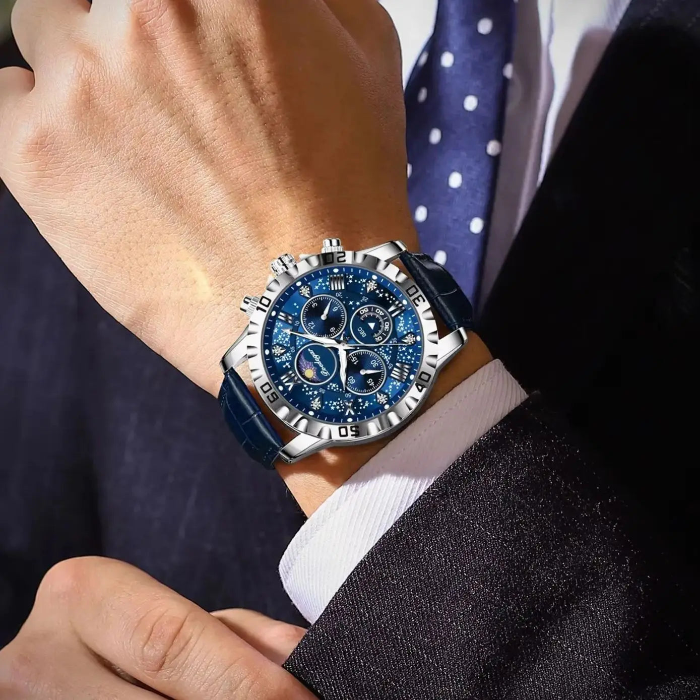POEDAGAR Montre-bracelet de luxe multifonctionnelle pour homme Étanche Lumineuse Chronographe Montres de sport en cuir pour homme Montre à quartz pour homme