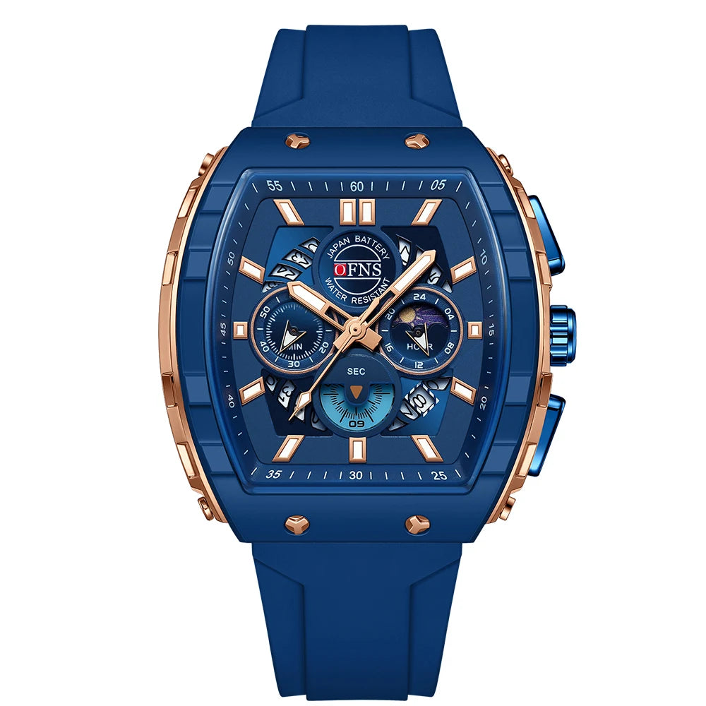 Montres-bracelets de mode en quartz OFNS pour homme, lumineuses, étanches, chronographe, calendrier, bracelet en silicone, montre de sport de luxe d'extérieur pour homme