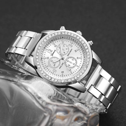 4PCS/Set Fashion Rhinestone Women‘s Watch Stainless Steel Band Quartz Watches Silver Bracelets Set