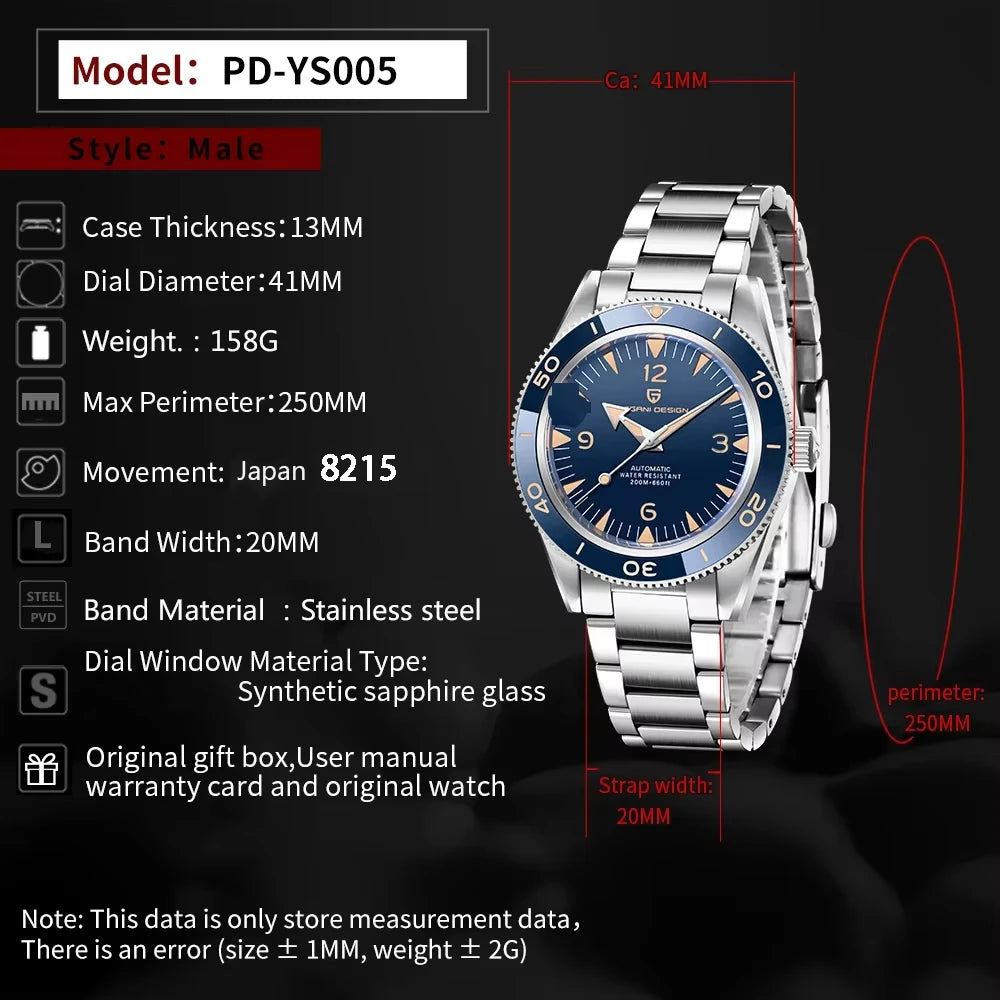 PAGANI DESIGN 2025 Luxe Hommes Mouvement 8215 V4 Montre-bracelet Automatique Mécanique Étanchéité 20bar Saphir Acier inoxydable reloj