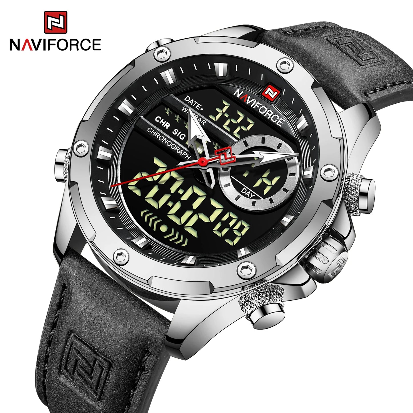 Naviforce Montres Originales pour Hommes 2025 Montre-Bracelet de Luxe Sportive Étanche à Bracelet Corium pour Hommes avec Calendrier Double Affichage