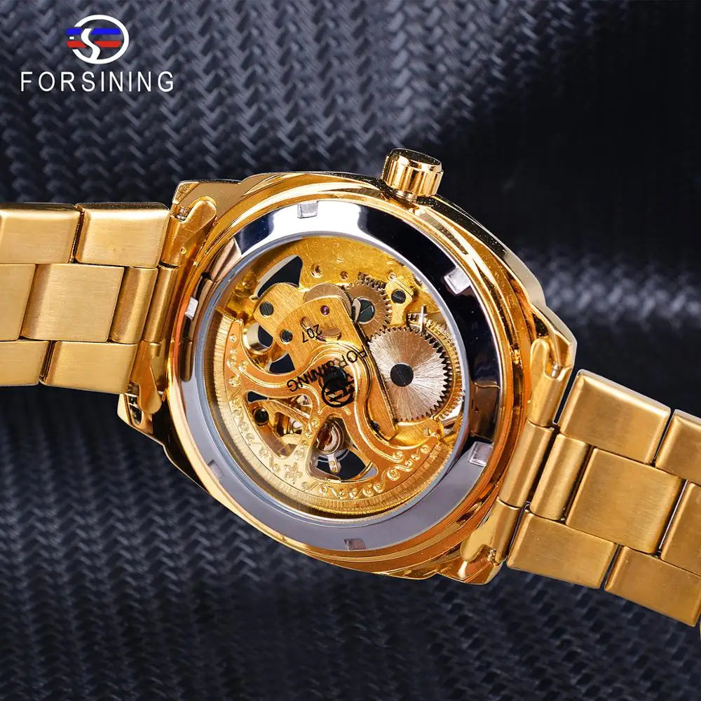 Forsining Montre Mécanique Automatique Transparente Rétro pour Hommes Marque de Luxe Aiguilles Lumineuses Dorées Squelette