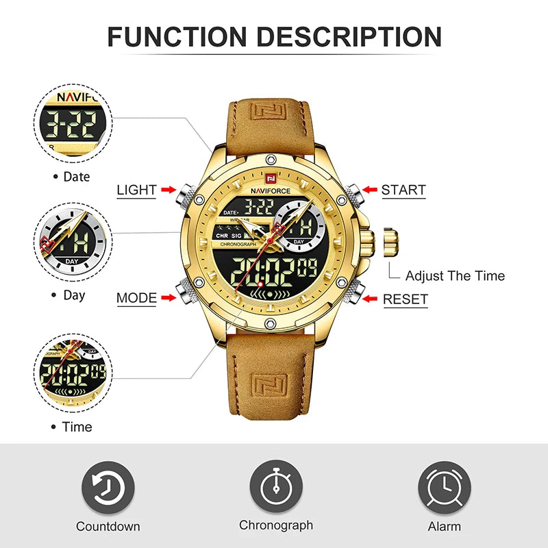 NAVIFORCE Marque Classique Homme Cuir Véritable Étanche Montre-Bracelet Sports Décontracté Mâle Quartz Numérique Militaire Chronographe Horloges