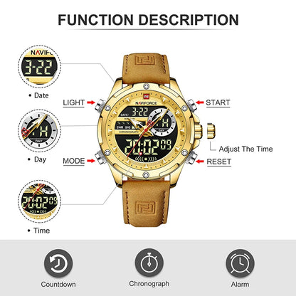 NAVIFORCE Marque Classique Homme Cuir Véritable Étanche Montre-Bracelet Sports Décontracté Mâle Quartz Numérique Militaire Chronographe Horloges