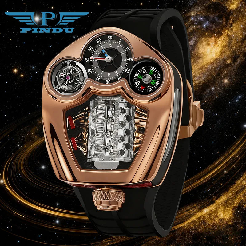 PINDU Engine Series Stainless Steel Compass Watch + Box