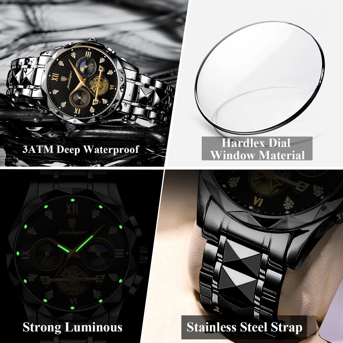 POEDAGAR Montre-bracelet homme de haute qualité en acier inoxydable, chronographe, pour affaires, étanche, lumineuse, à quartz