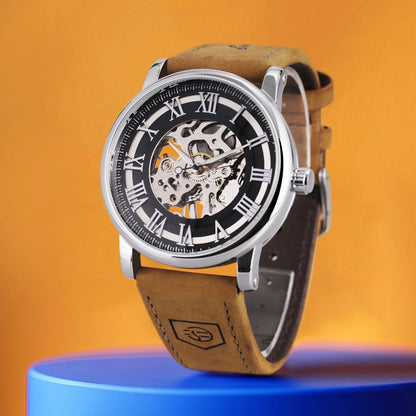 Montre bracelet Forsining Classique Squelette Remontage Manuel Aiguilles Lumineuses Montre Mécanique Homme Bracelet Cuir Marron Montre de Poignet Affaires