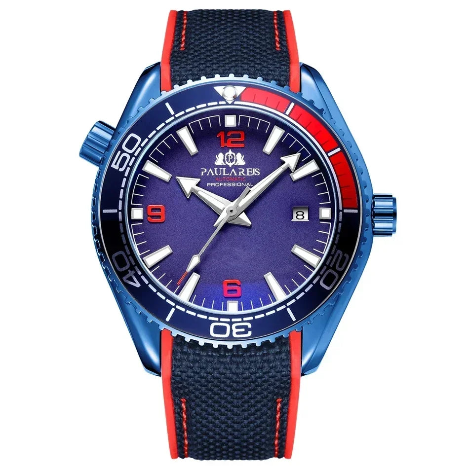 Automatic Mens Watch Mechanical Self Wind Movement Canvas Rubber Strap Orange Blue Red Luxury Fashion Watches
