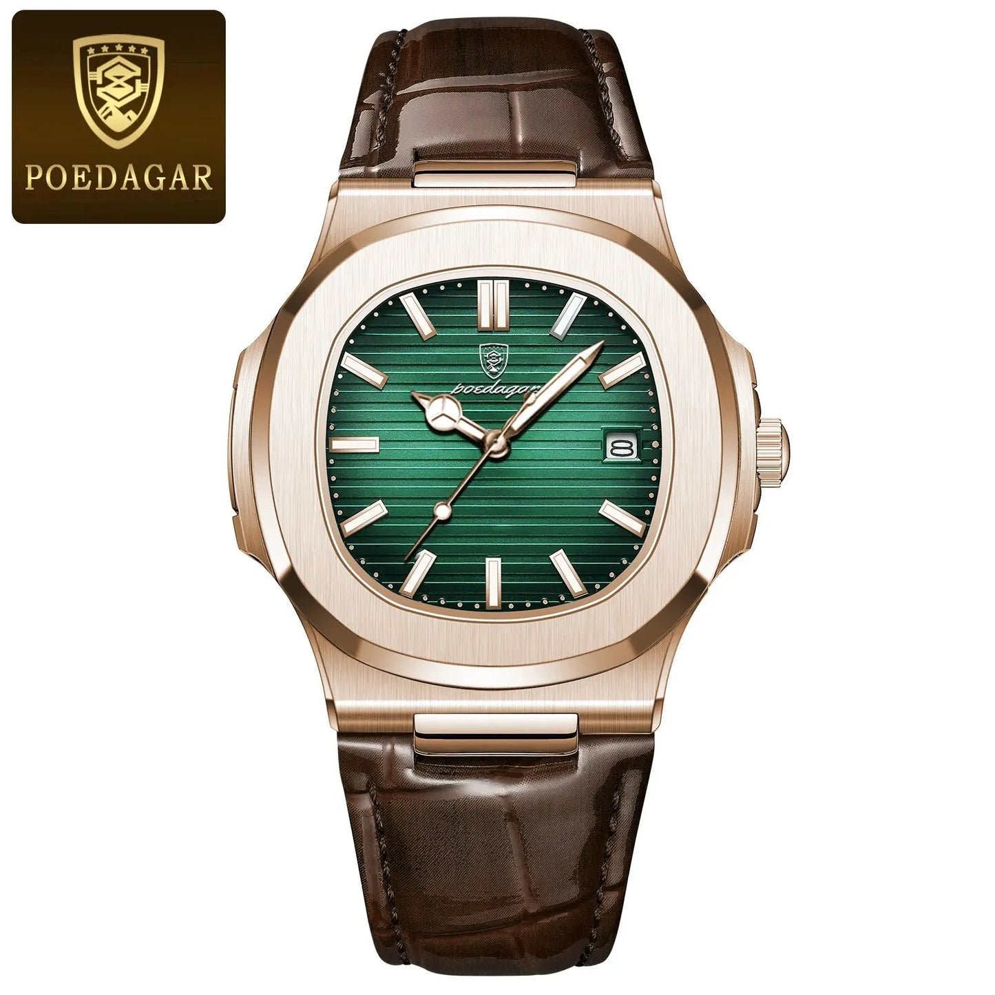 POEDAGAR Montre Homme Carrée Luxe Date Étanche Lumineuse Qualité Supérieure Bracelet Cuir Montre-Bracelet Quartz Homme+Boîte Reloj