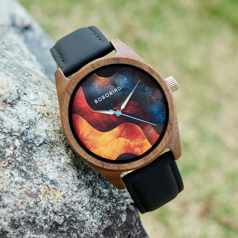 BOBOBIRD Wooden Quartz Watch for Men Black Leather Strap Walnut Wood Wristwatch with Gift Box for Men 2025 New Arrival