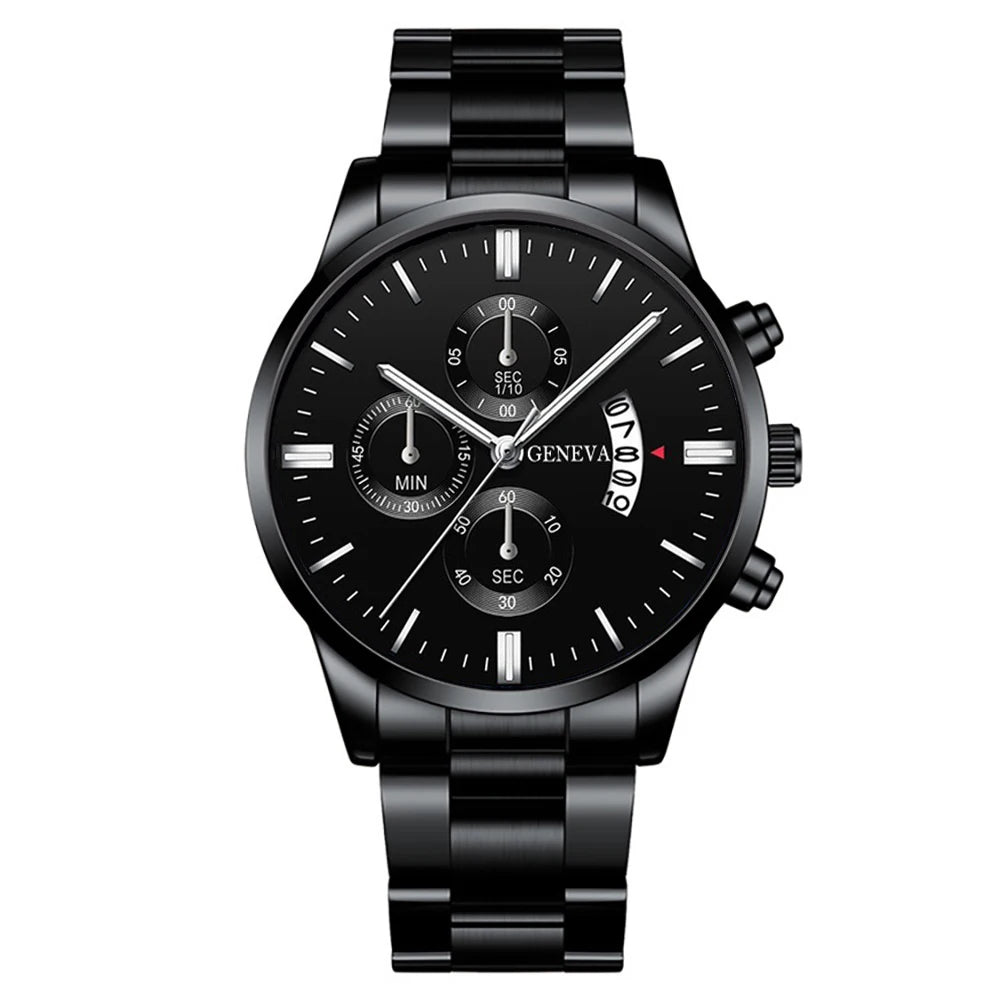 3 pièces/ensemble Montre à bracelet en acier inoxydable pour hommes, mode, montre-bracelet décontractée à quartz avec calendrier, ensemble de bijoux (sans boîte)