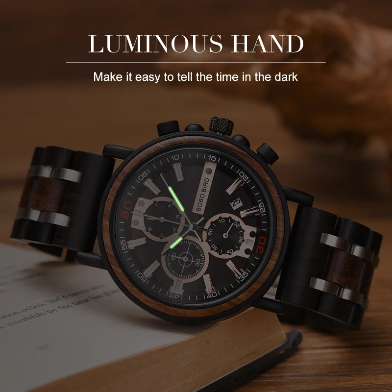 Relogio Masculino BOBO BIRD Montre Homme en Bois de Marque de Luxe Élégante Chronographe Militaire dans une Boîte en Bois reloj hombre