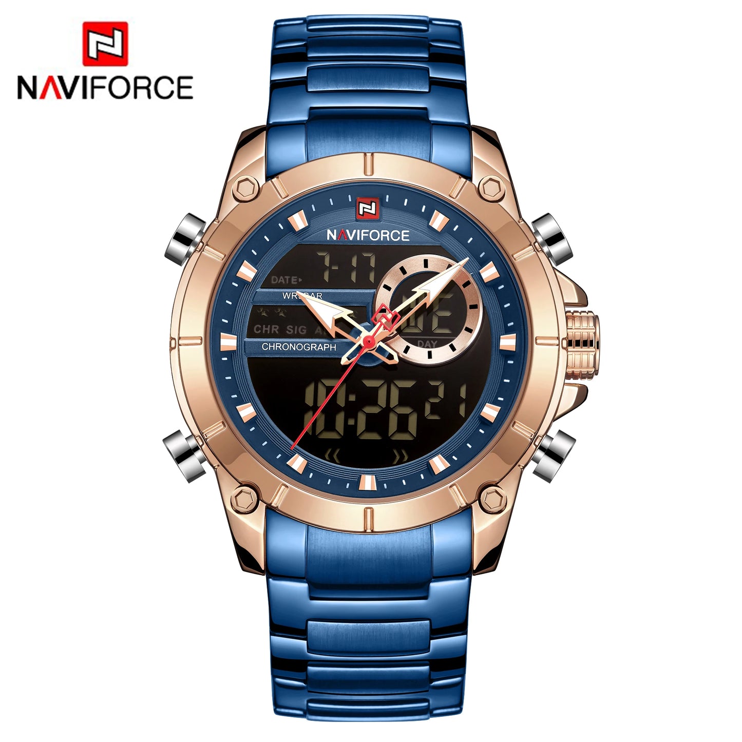 NAVIFORCE 9163 Montre-bracelet de sport de luxe originale pour hommes, mouvement à quartz, étanche en acier, double affichage, montres militaires Relogio Masculino