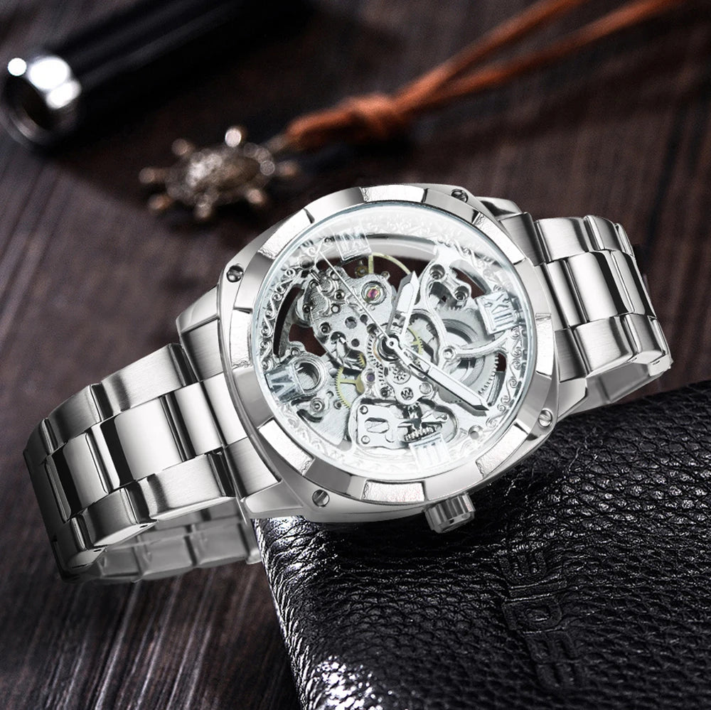 Forsining Montres mécaniques squelettes carrées Mouvement gravé de luxe Montre automatique rétro pour hommes Bracelet en acier Aiguilles lumineuses