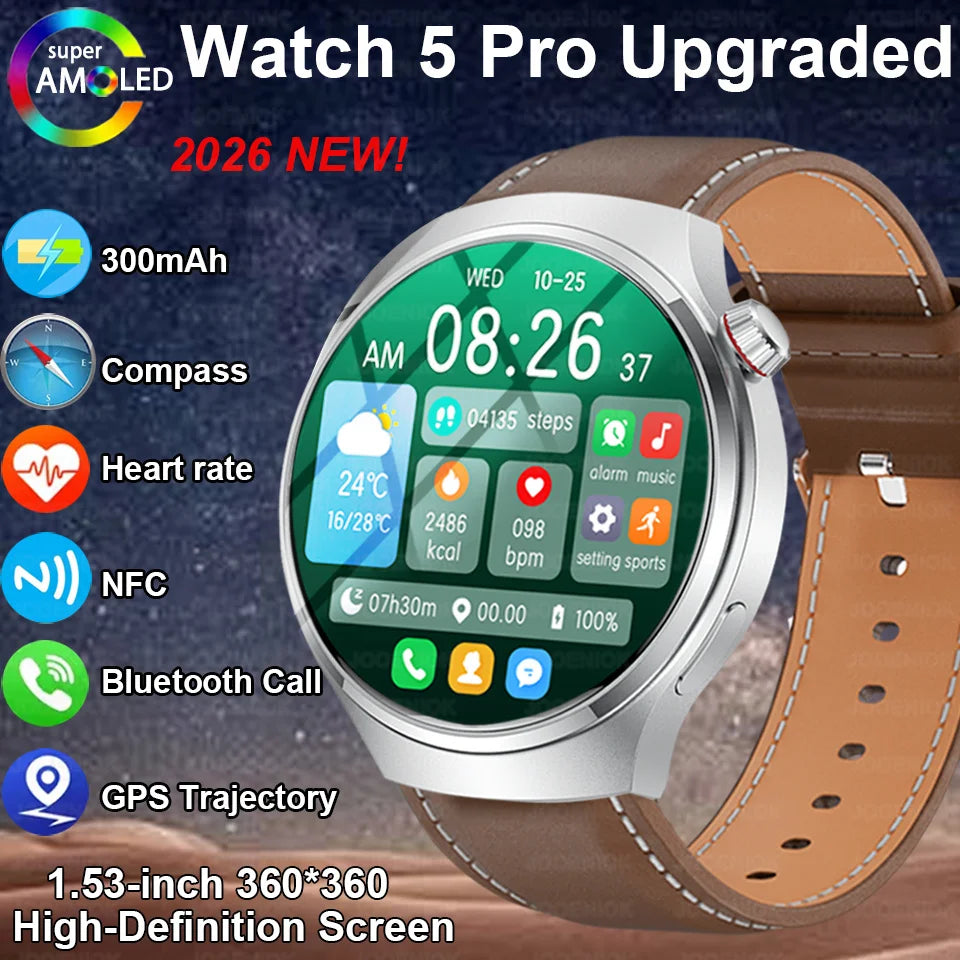 Nouvelle Montre Connectée Homme 2026 Watch 5 Pro Mise à Jour GPS NFC 360*360 AMOLED HD Appel Bluetooth Étanche Pour Android iOS