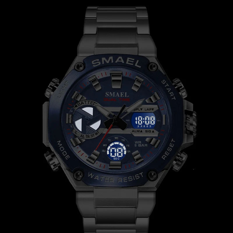 Montre SMAEL Hommes Grande Marque Luxe Argent Acier Inoxydable Sport Homme Horloge Numérique Analogique Quartz Militaire Étanche Montres-bracelets