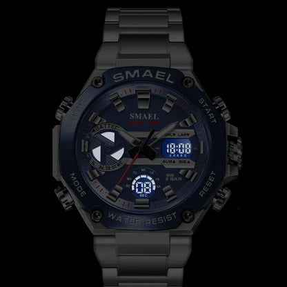 Montre SMAEL Hommes Grande Marque Luxe Argent Acier Inoxydable Sport Homme Horloge Numérique Analogique Quartz Militaire Étanche Montres-bracelets
