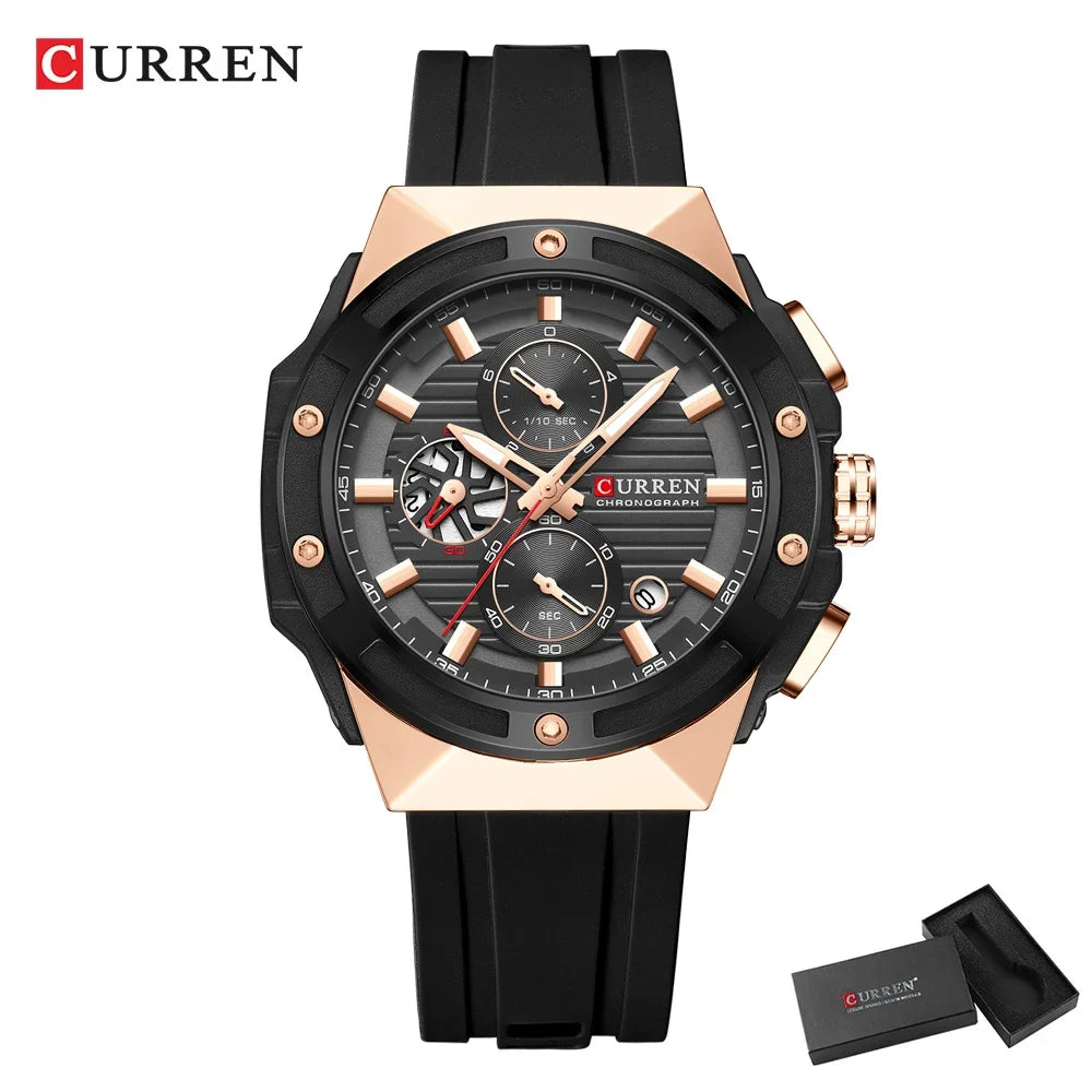 CURREN Montre à quartz multifonctionnelle de sport à la mode avec bracelet en silicone Cadran au design créatif Aiguilles lumineuses