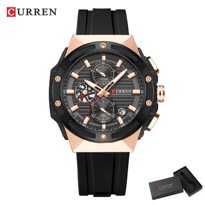 CURREN Montre à quartz multifonctionnelle de sport à la mode avec bracelet en silicone Cadran au design créatif Aiguilles lumineuses