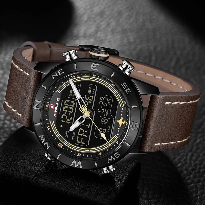 NAVIFORCE – Montre de sport de luxe à quartz pour homme, en cuir véritable, étanche, avec affichage de la date, du jour de la semaine et LED