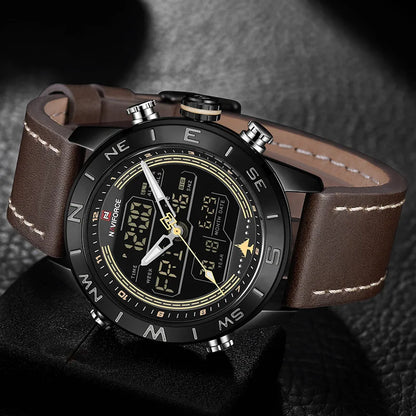 NAVIFORCE – Montre de sport de luxe à quartz pour homme, en cuir véritable, étanche, avec affichage de la date, du jour de la semaine et LED