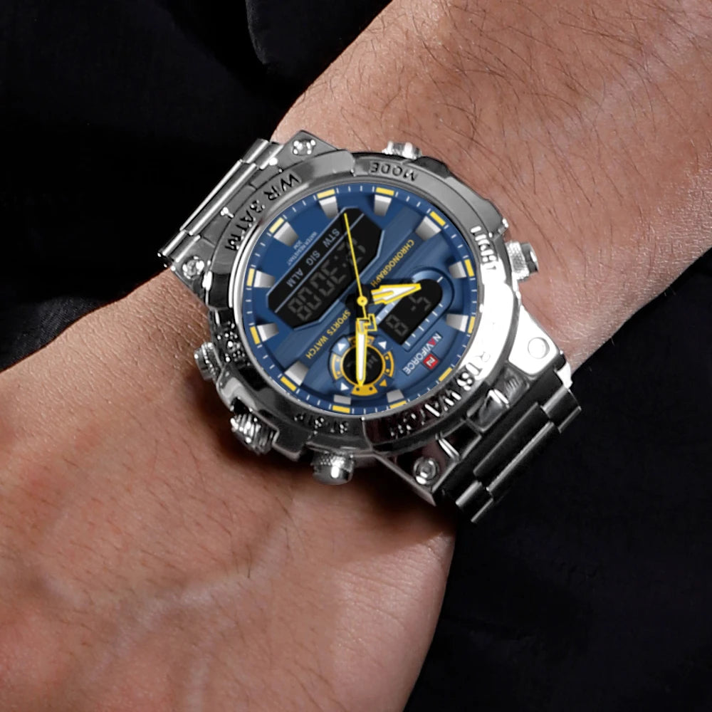 Montre numérique à quartz NAVIFORCE pour hommes, étanche, lumineuse, avec date, bracelet en acier inoxydable, chronographe, montres de sport