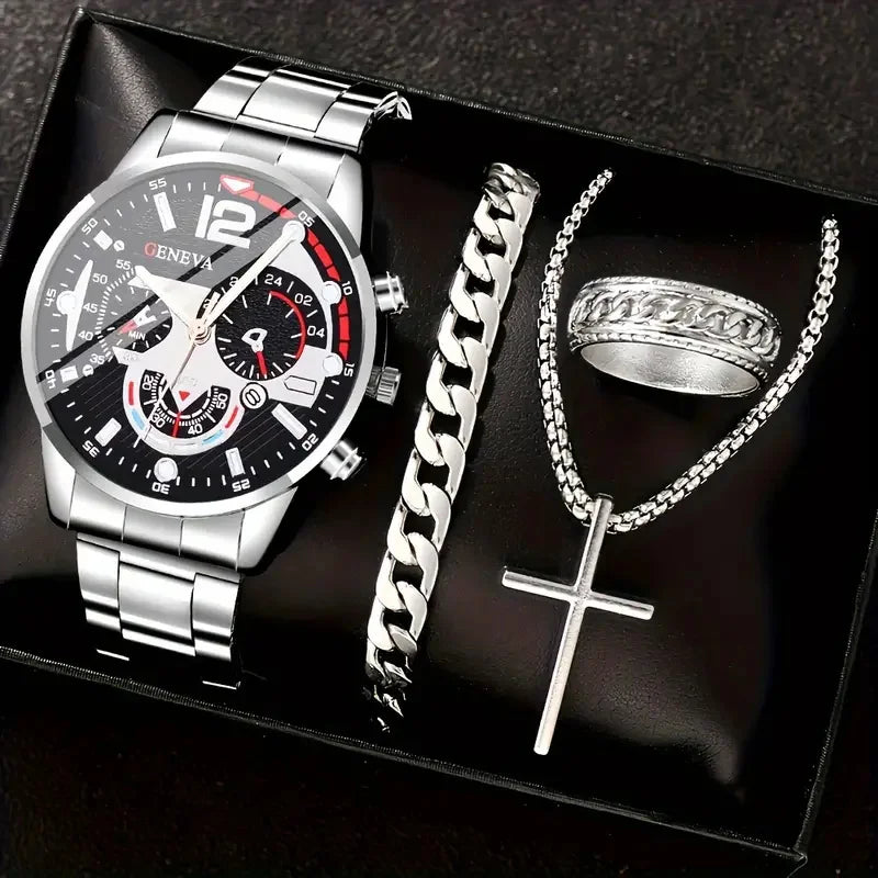 Ensemble de 4 pièces : montre à quartz pour homme en alliage doré de style romain avec calendrier et collier croix, bracelet et bague, cadeau sélectionné