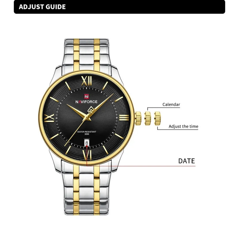 NAVIFORCE Nouvelle Montre à Quartz pour Homme avec Bracelet en Acier Inoxydable, Calendrier, Modèle Business Décontracté, Étanche et Antichoc