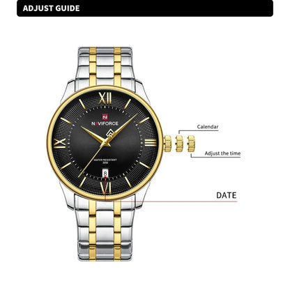 NAVIFORCE Nouvelle Montre à Quartz pour Homme avec Bracelet en Acier Inoxydable, Calendrier, Modèle Business Décontracté, Étanche et Antichoc