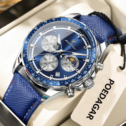 POEDAGAR Montre Homme Originale Tendance Lumineuse Étanche Chronographe Date Bracelet Cuir Quartz Sport Montres Hommes Reloj