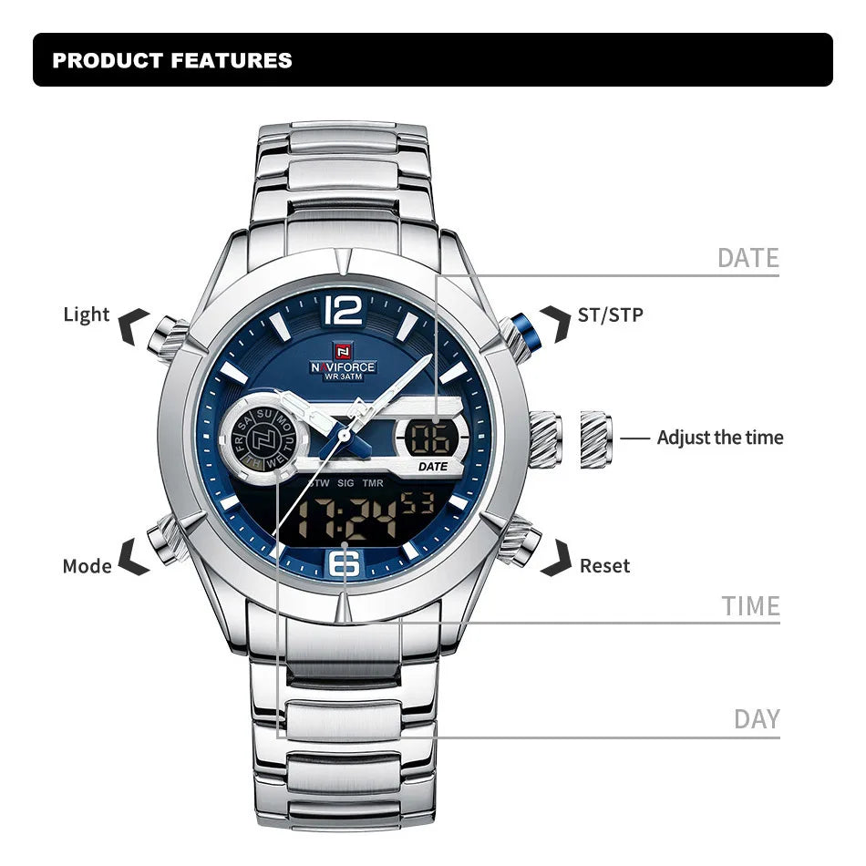 Montre de sport militaire de luxe NAVIFORCE pour hommes, lumineuse, étanche, bracelet en acier, affichage double numérique à quartz, montre-bracelet masculine.